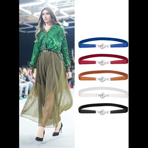 Jovitec 5 Pieces Women Skinny Elastic Waist Belt Retro Stretch Cinch Thin Belt M main image 4